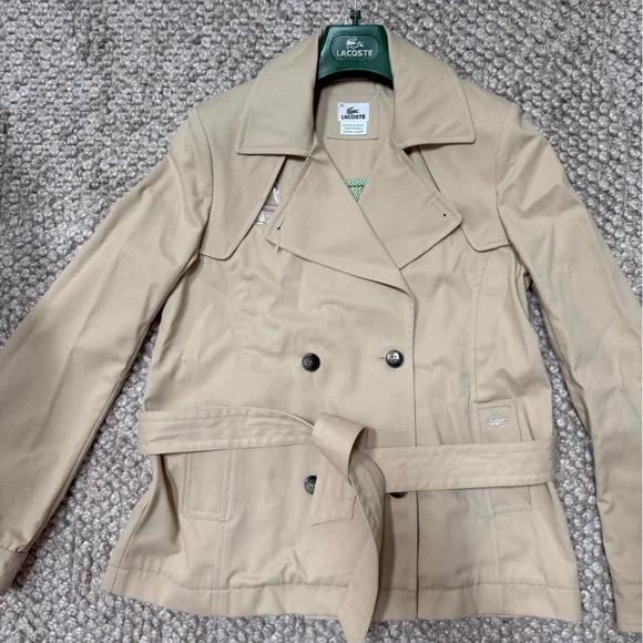 NEW Lacoste Women's Beige light Khaki Short trench coat pea coat . NWT size 38 - Picture 3 of 9